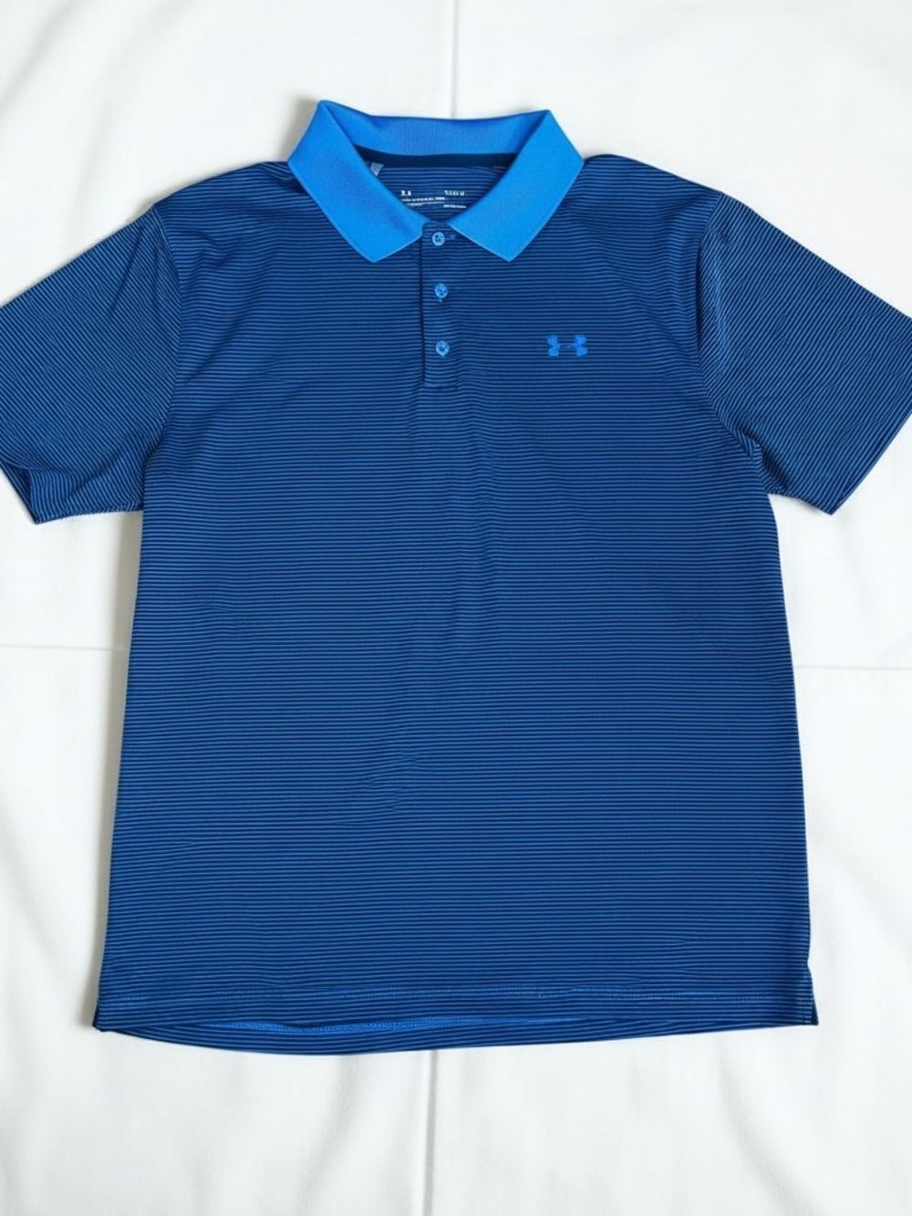 Under Armour Men Large Blue Striped Polo Shirt HeatGear Golf Casual